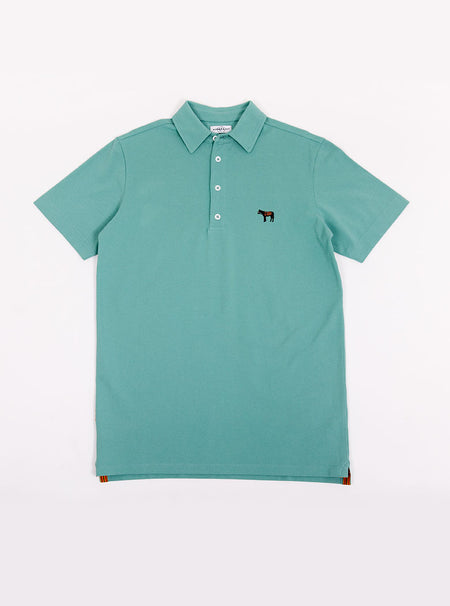Flat lat of men's avocado green polo shirt in 100% cotton with Newmarket 875 horse logo embroidered on the front.